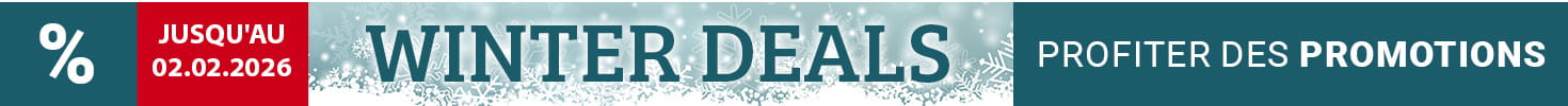 Bannière publicitaire hivernale avec des flocons de neige. Au centre, le texte : Winter Deals. Economisez  jusqu’à -35 % sur les meilleurs appareils. En haut à gauche, mis en évidence en rouge : Jusqu'au  02.02.2026. En dessous, un autre encart avec le texte : Profiter des promotions.