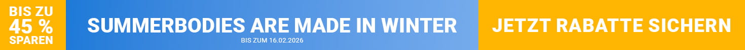 Werbebanner zeigt rechts eine Person in Sportbekleidung auf einem Laufband in wohnlicher Umgebung. Auf der linken Seite in Großbuchstaben der Text: Summerbodeis are made in Winter. Bis zu 45 % Rabatt auf Top-Fitnessgeräte. Jetzt sparen. Bis zum 16.02.2026.