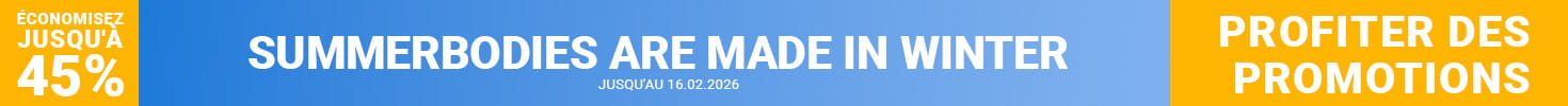 La bannière publicitaire montre à droite une personne en tenue de sport dans un environnement confortable s'entraînant sur un tapis de course. À gauche le texte en majuscule Summerbodies are made in Winter. Jusqu'à 45% de réduction sur les meilleurs appareils de fitness. Jusqu'au 16.02.2026.